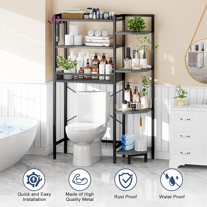 K1 Heavy Duty 7-Tier Over The Toilet Storage（with Basket and Paper Hook） Freestanding Above Toilet Shelf with Adjustable Feet，Space Saver Bathroom Shelves 9.3" D x 33.5" W x 63.8" H，Grey