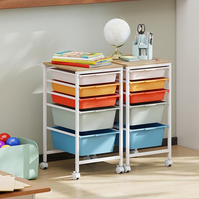 GOFLAME 5-Drawer Rolling Storage Cart, Craft Storage Cart with Wooden Tabletop and Lockable Wheels, Art Cart Supply Storage Organizer with Metal Frame for Home Office Classroom, Macaron Color