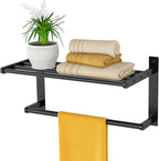 Bathroom Shelf with Towel Bar, 16" Metal Towel Racks for Bathroom Wall Mounted, Rustproof Towel Rack with Shelf Shower Towel Holder Apartment Essentials Bathroom Accessories - Black