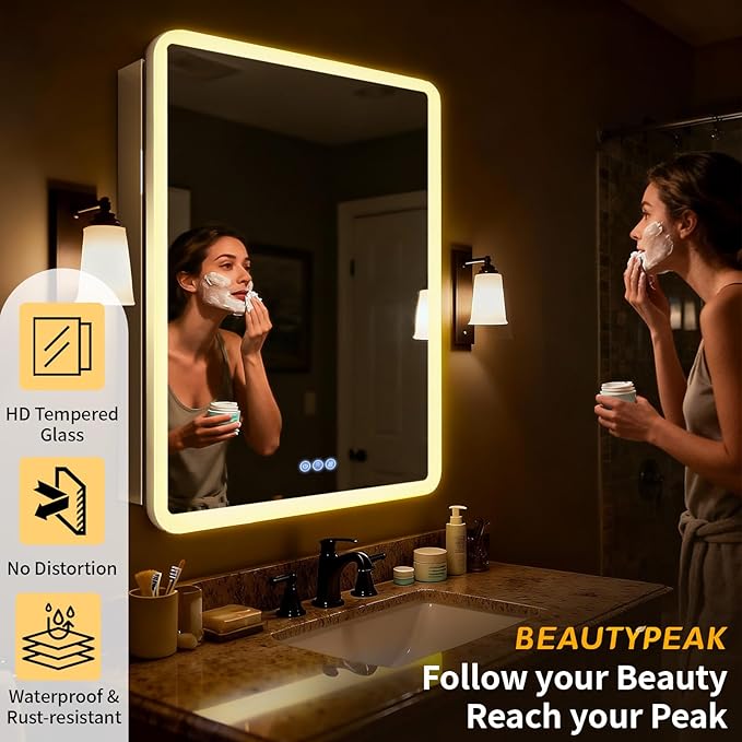 BEAUTYPEAK 24 x 32 LED Bathroom Medicine Cabinet Mirror, Adjustable Shelves, Silver Aluminum Cabinet, Anti-Fog Stepless Dimmable 3 Colors White/Natural/Warm, Easy to Install(Wall Mount/Recessed)