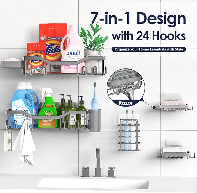 Shower Caddy Adhesive Shower Organizer 7-Pack, Rustproof Stainless Steel Bathroom Shelves, Large Capacity No-Drill Rack Storage Accessories with Soap Dish Toothbrush Holder Hooks