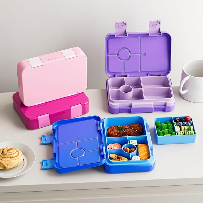 Bento Lunch Box for Kids, 6 Compartments BPA Free, Dishwasher Safe Back to School Snack Bento Lunch Containers Boxes, Ideal Portion Sizes for On-the-Go Meal, Ages 3+, School, Rose Red