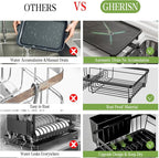 Dish Drainer Rack with Drip Tray, Sink Dish Drainer with Drainage Spout, Stainless Steel Dish Drying Rack with Cups, Utensil & Cutting Board Holders for Kitchen Counter Space-Saving, Black