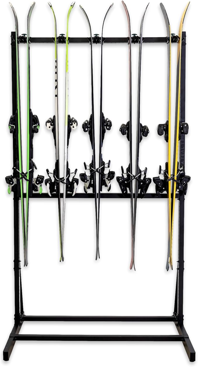 StoreYourBoard Teal Triangle Freestanding Ski Storage Rack for Garage, 5 Ski and Pole Organizer Floor Stand, Heavy Duty, Fully Adjustable for All-Mountain, Wide, Powder, and Backcountry Skis