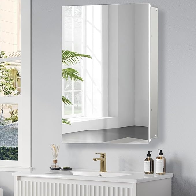Medicine Cabinet with Mirror, 20x30 inch Bathroom Cabinet, Assembly Needed, Aluminum Surface Mount or Recessed Wall Cabinet, Adjustable Glass Shelves, Suitable for Bathroom Bedroom