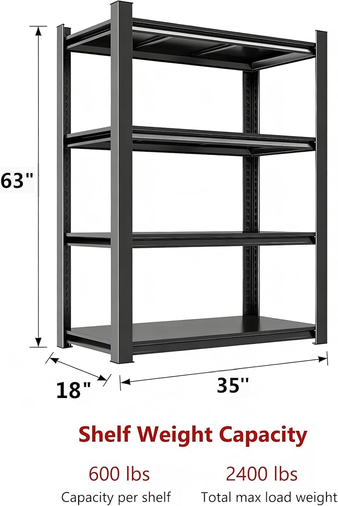 18" D Heavy Duty Garage Shelving Unit, 4-Tier Adjustable Shelf, Sturdy Metal Storage Shelves for Garage, Basement, Pantry & Warehouse, 63" H x 35" W x 18" D, Storage Rack, Black