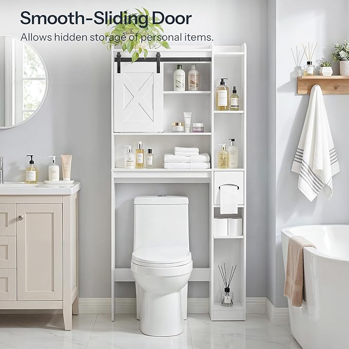 HOOBRO Over The Toilet Storage Cabinet with Sliding Barn Door, Toilet Paper Holder, Farmhouse Storage Cabinet, Wooden Bathroom Organizer, Bathroom, Laundry Room, White WT24TS01