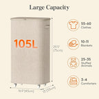 Lifewit 105L Plastic Laundry Basket with Lid, Large Clothes Hamper with Wheels and Removable Bag, Tall Collapsible Rolling Storage Bin for Dorm Bedroom Bathroom, Beige