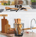 MACEVIA Utensil Holder for Kitchen Counter, Large Black Metal Organizer with Diatomaceous Earth Base, 6.3" x 5" x 7.5", Countertop Storage for Spoons, Spatulas and Cooking Utensils