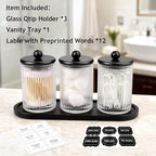 SheeChung 3-Pack Matte Black Glass Apothecary Jars with Bamboo Tray - Modern Industrial Bathroom Organizer Set for Cotton Rounds, Swabs & Flossers - Minimalist Vanity Storage Canister