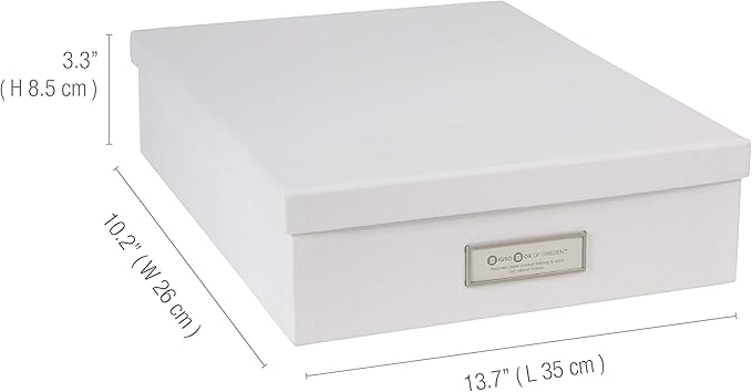 Bigso Oskar Fiberboard Label Frame Document Letter Box - File Organizer Box for Important Paperwork - Durable Document Storage with a Lid & Metal Label Window - 3.3 in x 10.2 in x 13.8 in - White