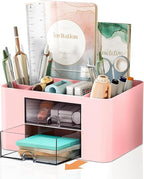 Stationary Organiser 7-Grid Desk Organizer with Drawer – Multifunctional Plastic Table Organizer & Pen Holder for School, Office, and Home (Pink)