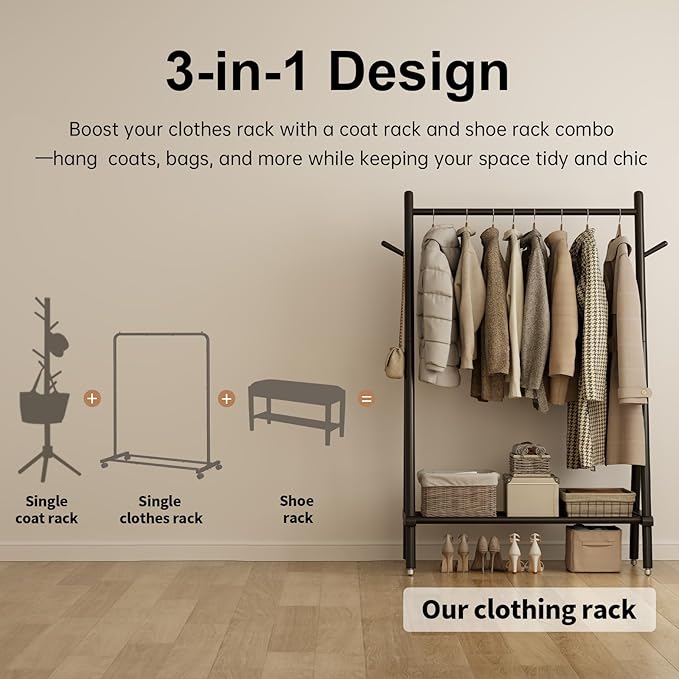 Solid Wood Clothing Rack, Rolling Clothes Rack for Hanging Clothes, Garment Rack with Shelves Load 350 Lbs, Portable Closet Organizer on Wheels for Hanging Clothes (Black)