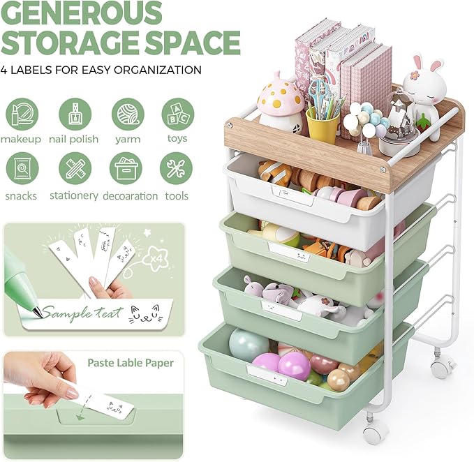 Rolling Craft Storage Cart with 4 Drawers,Utility Cart with Drawers,Art Craft Organizers and Storage,Kids Craft Cart,Kids Art Cart With DIY Lable and Wooden Tabletop Area,Green