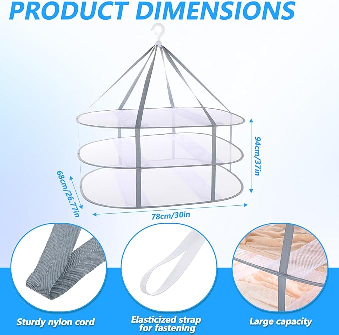 3Pack Sweater Drying Rack Flat Mesh Foldable, 3 Tier Folding Clothes Mesh Dryer Flat with Fixing Band, Large Hanging Collapsible Drying Racks for Laundry Indoor T-Shirt Swimsuit Sweater Underwear