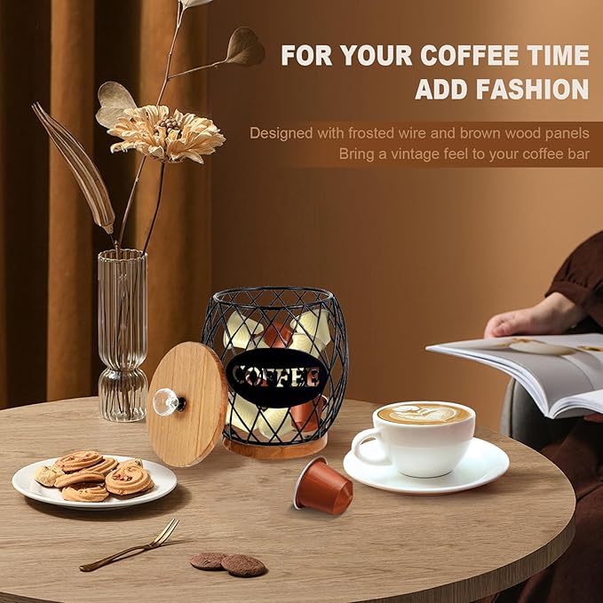 Coffee Pod Basket Holder Hollow Design Metal Coffee Pod Container with Dust Cover Holder Organizer Large Capacity Sturdy Coffee Pod Organizer (black)