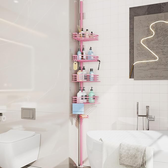 Consumest Corner Shower Caddy Tension Pole - Rustproof Shower Shelves with Towel Bar & Soap Holder, Adjustable Bath Organizer for Bathroom Storage, 27.6-108.3 inch, Pink