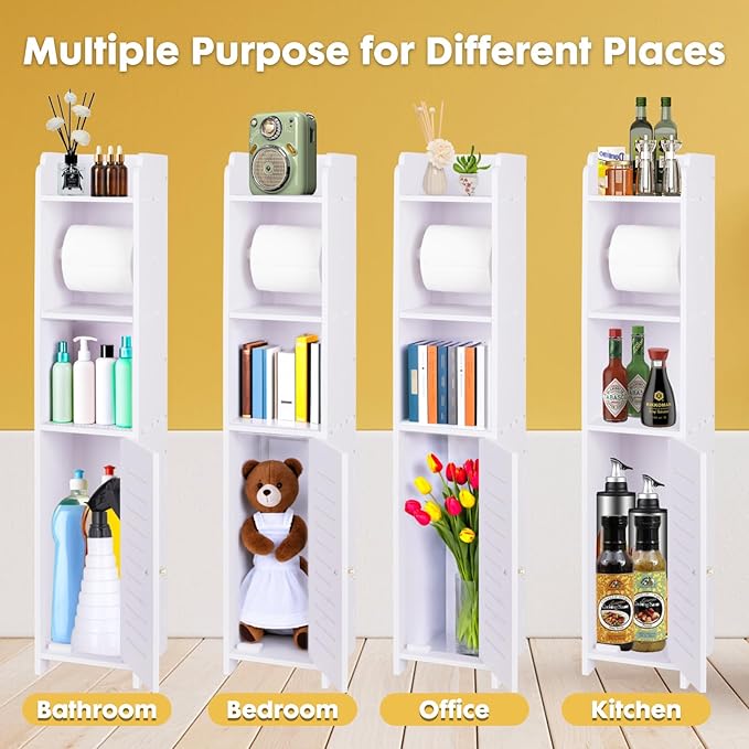 LuiceABC Toilet Paper Holder Stand, Over The Toilet Storage Cabinet for Bathroom, Slim Corner Shelf for Small Space Storage, Small Bathroom Storage Cabinet with Toilet Roll Holder & Door - White