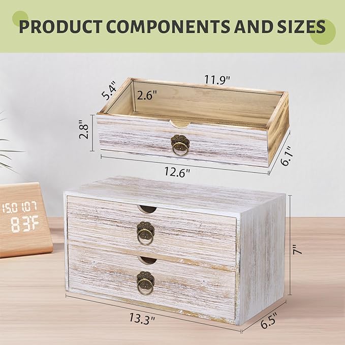 Wood Desk Organizer, Vintage Brown Wooden Desktop Organizer with Drawer, Tabletop Storage Organization Box for Countertop, Home Office Supplies, Bills, 13.3 x 6.5 x 7 Inches(2 Drawer)