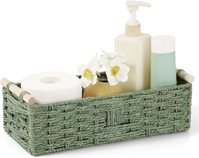 Toilet Paper Storage Basket，Decorative Small Wicker Baskets with Wooden Handles,Green Paper Rope Storage Basket for Bathroom Decor,Toilet Tank Shelf,Countertop Organizer