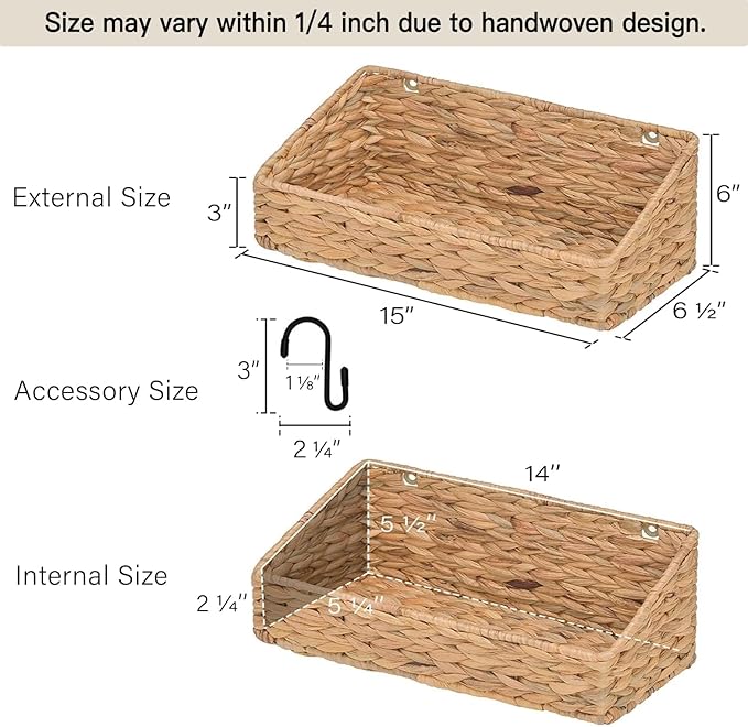 StorageWorks Woven Wall Baskets for Storage, Water Hyacinth Baskets for Shelf, Wall Storage for Kitchen and Bathroom, Hanging Baskets for Organizing, 2 Pack