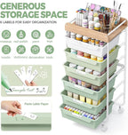 6 Drawer Rolling Cart for Craft Storage,Utility Drawer Organizer with Handle and Wooden Top,Storage on wheels for Office, Classroom,Laundry,Garage,Snack,Art Supply,Green