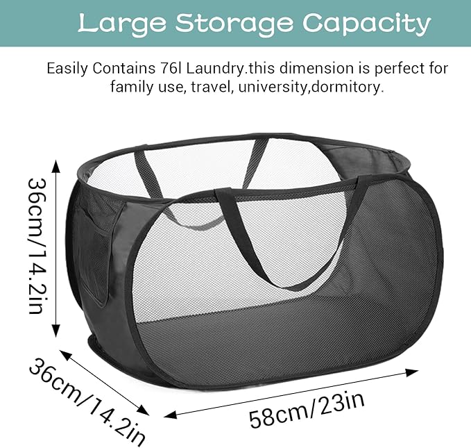4 Pcs Popup Mesh Laundry Basket, Collapsible Laundry Hamper with Side Pocket Foldable Storage Basket with Durable Handles for Bathroom Travel Dorm Toy
