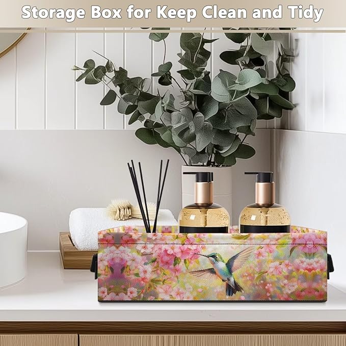 Small Storage Bin Narrow Toilet Paper Tissue Baskets Foldable Fabric Organizers Bathroom Bedroom Decorations Closet Countertop Vanity Baskets, Spring Style Hummingbird Flower