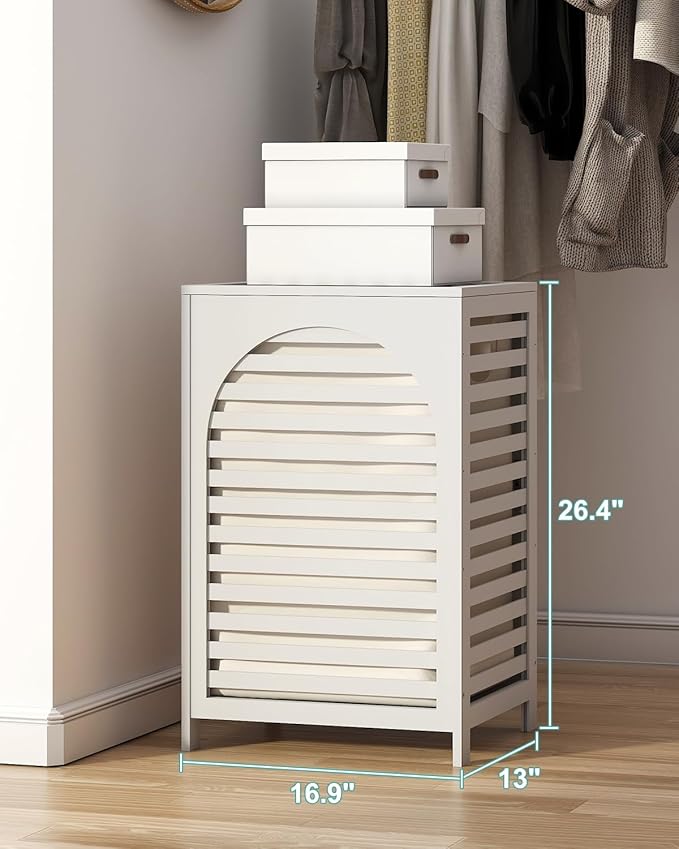 White Laundry Hamper, 22.5 Gallon (85L) Bamboo Wood Clothes Laundry Basket with Lid and Handles, Removable Liner