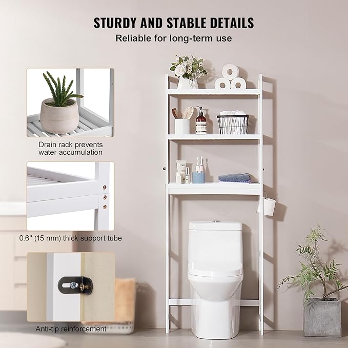 VEVOR Over The Toilet Storage, 3-Tier Adjustable Over Toilet Bathroom Organizer, Bamboo Storage Shelf Rack with 3 Hooks, Freestanding Easy Assembly Laundry Space Saver, Fit Most Toilets