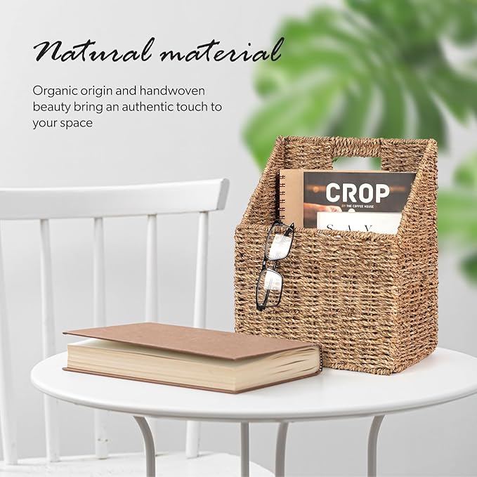 Wicker Hanging Storage Basket (10,5"Lx6,5"Wx13"H), Set of 2 Wall Baskets, Water Hyacinth Baskets, Wall Decor Hyacinth Basket Hanging for Organizing Files, Mails, Books (Seagrass)
