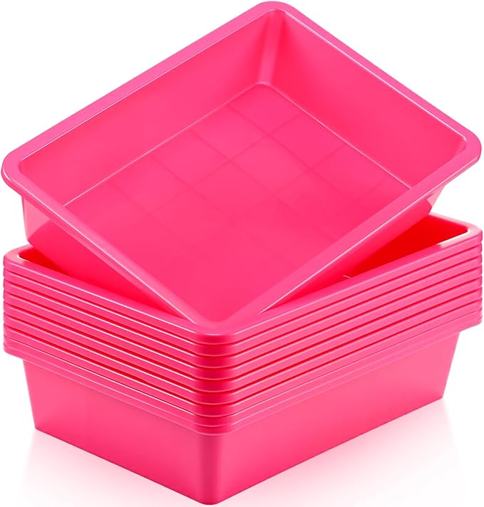 Hoteam 10 Pcs Flat Storage Organizer Tray Bin Letter Size Paper Tray for Classroom Plastic Stackable File Organizer for School Office Teacher Book Organization (Dark Pink,13.78 x 9.84 x 3.15 Inch)