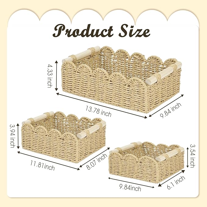 3 Pack Scalloped Edge Basket with Wood Handle, Wicker Woven Storage Basket Small Wicker Baskets Toilet Paper Baskets Paper Rope for Nursery & Bathroom Organization, 3 Size