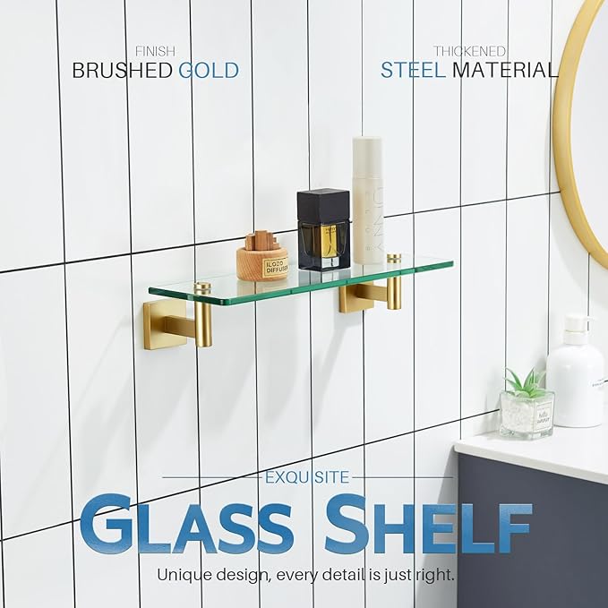 KOKOSIRI Wall Shelves Floating Shelf 16'' Stainless Steel Bathroom Hardware Tempered Glass Small Hanging Rack for Storage/Room Decor Gold B1105BG-L16