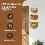 Cotton Hanging Fruit Basket, 3 Tier Woven Wall Basket, Hanging storage baskets for Kitchen and Bathroom, Macrame Wall Hanging, Boho Decor Over The Door Organizer, Brown