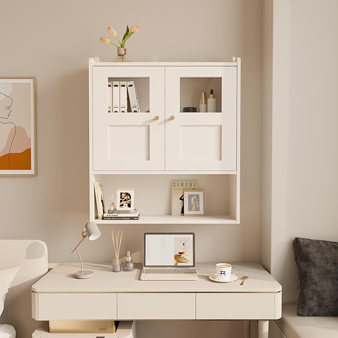 Bathroom Wall Cabinet, Medicine Cabinet with 2 Glass Door and Adjustable Shelves,White Wall Mounted Cabinet Over The Toile,3-Tier Wood Hanging Storage for Bathroom,Kitchen,Living,Laundry Room