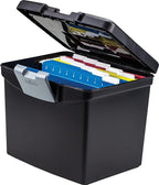 Storex Portable File Box with Organizer Lid – Plastic Office File Storage Box for Letter Paper and Hanging Folders, Obsidian, 1-Count (61504C01C)