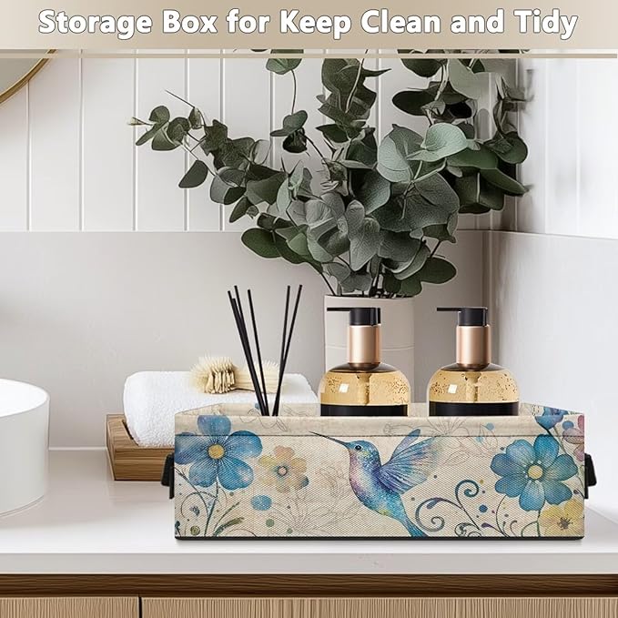 Toilet Paper Storage Basket Lightweight Collapsible Storage Bin for Toiletries Small Items, Multi-Use Baskets for Bathroom Office Organization, Blue Hummingbird Flower Retro
