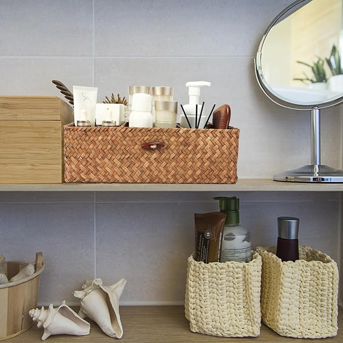 Seagrass Tank Basket with Lid with Rectangular Small Shelf Baskets Bin, Toilet Paper Basket with 3 Sections for Organize,Home Organizer Bin for Shelves Bathroom Closets Kitchen