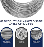 Strata Clothesline Outdoor Super Heavy Duty Kit - 150ft Galvanized Wire Silver PVC Coating, 6.5" Clothes line Pulley 2pcs, Metal Mini Winch Tightener 1pc, Plastic Spreader/Spacer 1pc & 2 Metal Hooks