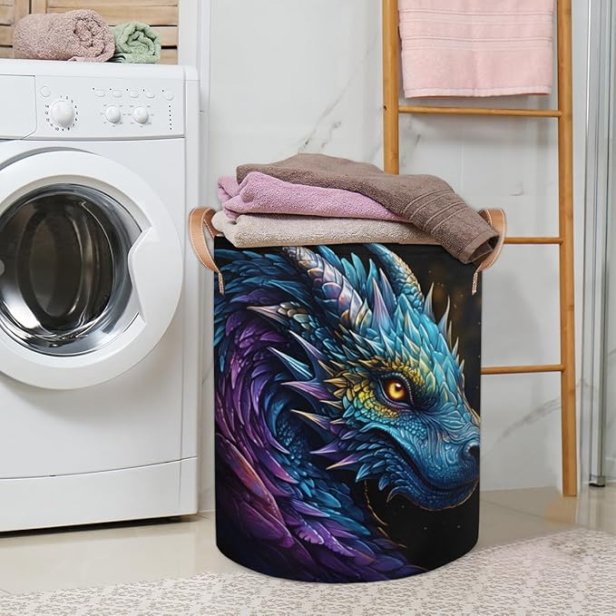 TropicalLife Collapsible Laundry Basket Cool Dragon Large Laundry Hamper Waterproof Storage Bins with Leather Handles Clothes Nursery Hampers for Bathroom Bedroom Toy Organizer