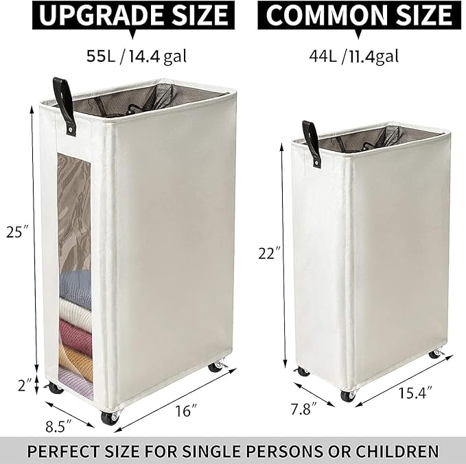 ZERO JET LAG 25 Inches Slim Laundry Storage Hamper - Large Rolling Clothes Hamper - Rolling Storage Bin - Tall Corner Basket - Clear Window Visible - Dirty Laundry Bin - (Beige)