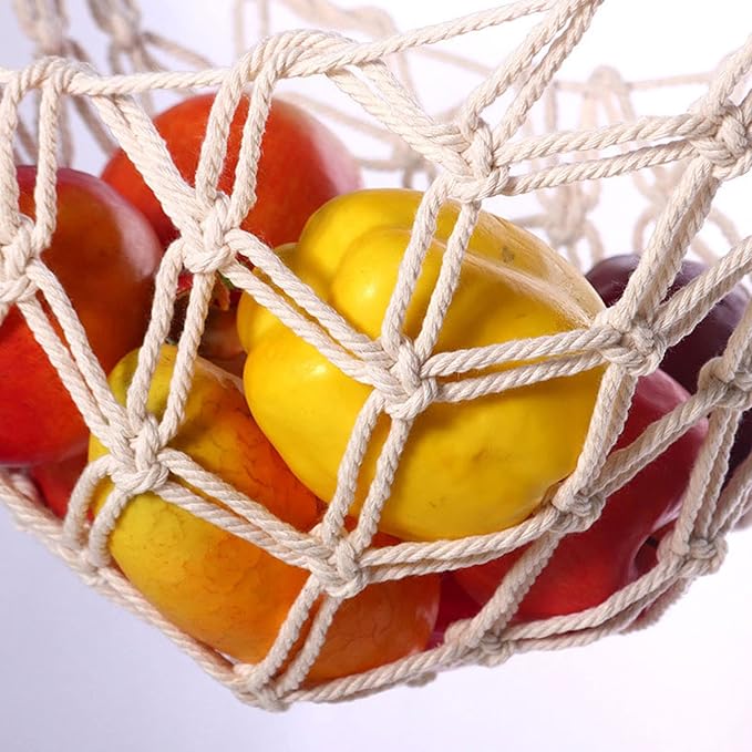 Hanging Fruit Hammock with Hooks, Hanging Fruit Basket Under the Kitchen Cabinet for Storing Banana Fruits, Hand-Woven Hanging Basket, Valentine's Gifts for Kitchen Décor, Rectangle
