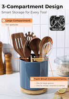 LoeJan 3 Compartment Utensil Holder, Extra Large Utensil Crock, Stable Ceramic Utensil Organizer, Cooking Tool Organizer Set for Kitchen Counter Farmhouse Decor, Blue