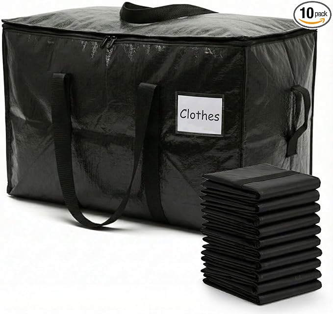 HOLDN’ STORAGE 10-Pack Moving Bags, Extra Large Storage Totes with Zipper Lids, Heavy-Duty Reusable for Clothes, Bedding, Books, 45 Gallons Each