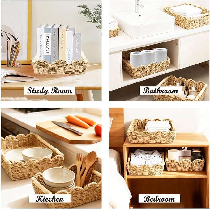 3 Pack Scalloped Edge Basket with Wood Handle, Wicker Woven Storage Basket Small Wicker Baskets Toilet Paper Baskets Paper Rope for Nursery & Bathroom Organization, 3 Size