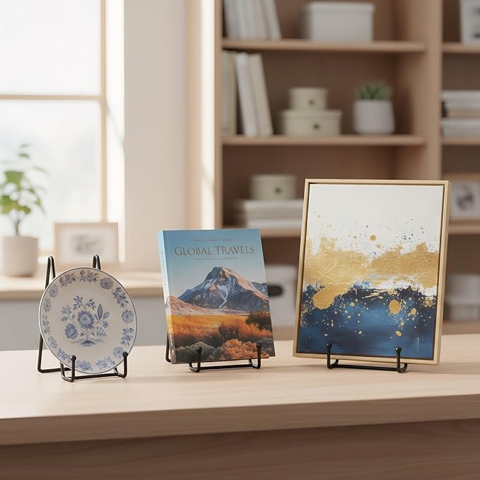Plate Stands Holder - 3 Pack, Picture Frame Display for Bookcase, Photo on Table Top (Black, 4.5")