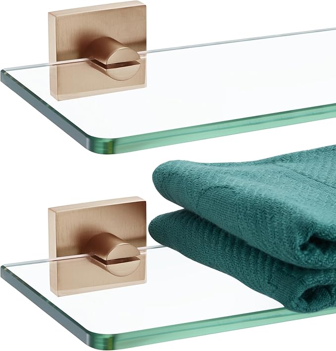 KOKOSIRI Glass Shelf for Bathrooms Kitchen Rack 12-Inch Floating Wall Shelves Shower Storage, 2 Pack Champagne Bronze Stainless Steel B1107CPG-L12-P2