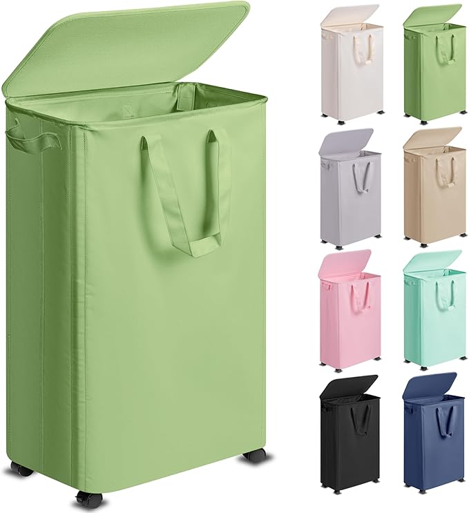 Slim Laundry Hamper with Lid and Wheels, Small Rolling Laundry Basket with Handle for Small Spaces, Tall Dirty Clothes Hampers for Dorm, Bathroom and Bedroom, 75L Sage Green