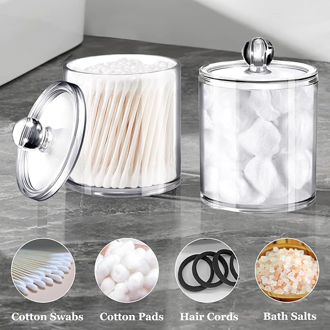 SheeChung 4-Pack Clear Acrylic Apothecary Jars - (2) 12oz & (2) 10oz Qtip Holder Set - Shatterproof Bathroom Vanity Organizer for Cotton Swabs,Balls,Pads,Floss Picks